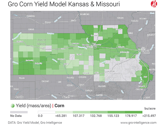 Darker-green shading shows higher yields on Gro Intelligence&#039;s real-time yield maps for Kansas and Missouri on day two of the DTN 2020 Digital Yield Tour. Both states are on track for record, or near-record, crops. (Map courtesy of Gro Intelligence)