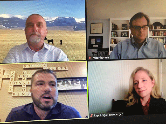 The National Corn Growers Association held an event Tuesday afternoon focusing on stewardship initiatives with Rep. Abigail Spanberger, D-Va. Also on the event were Jon Doggett, CEO of NCGA, (top left) Robert Bonnie, a former USDA climate adviser (top right), and Nebraska farmer Brandon Hunnicutt. (DTN image from livestream) 