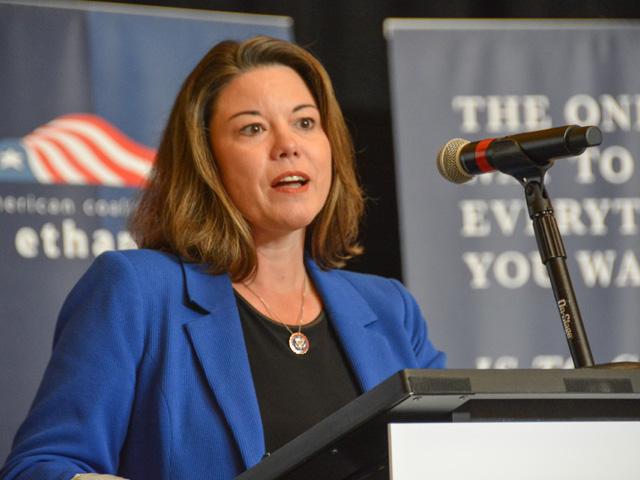 Rep. Angie Craig, D-Minn., spoke Thursday at the American Coalition for Ethanol meeting in Minneapolis. Craig, who sits on both the House Agriculture and Energy and Commerce committees, is working to get language in the budget reconciliation bill that would ensure 15% ethanol can be sold year-round despite a court ruling earlier this summer that threw out an EPA rule. (DTN photo by Chris Clayton) 