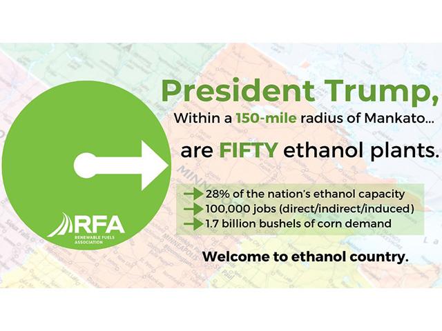 The Renewable Fuels Association tweeted this image out highlighting the volume of ethanol produced within a 150-mile radius of Mankato, Minn., where President Donald Trump visits Monday afternoon. (image from the Renewable Fuels Association) 