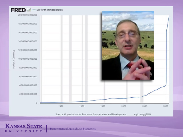 Roger McEowen, an agricultural tax law professor and Kansas State University Extension specialist, highlights the amount of money that has been pumped into the economy by Federal Reserve policies since the start of the pandemic. McEowen said inflationary concerns are a risk with the Build Back Better Act championed by Democrats in Congress. (DTN image from webinar)