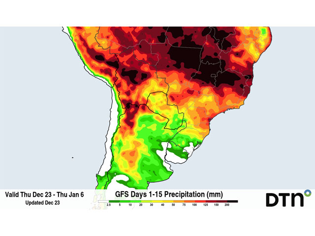 Generally, less than 30 millimeters (1.2 inches) is forecast for the next two weeks in Argentina and southern Brazil with limited exceptions, leading to moisture stress for corn and soybeans. (DTN graphic)