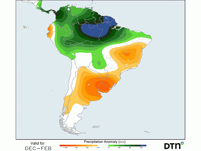 DTN forecast summer/wet season rainfall from December to February is expected to be below normal for most of Brazil and Argentina. (DTN graphic)