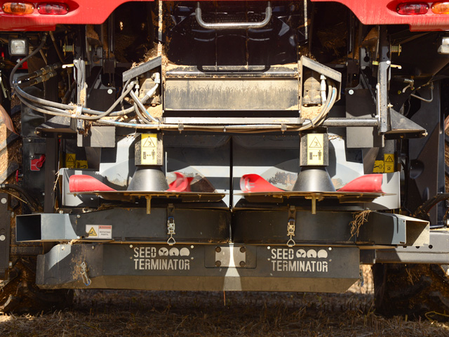 The Seed Terminator mounts to the rear of a combine, where the residue discharge normally is, and had two exit ports on either side of the attached seed terminator. (DTN/Progressive Farmer photo by Gregg Hillyer)