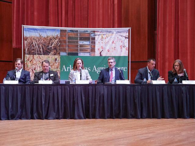 Witnesses from commodity groups that testified June 17 before leaders on the Senate Agriculture Committee at a field hearing in Arkansas. From left, Nathan Reed, Brad Doyle, Anne Marie Doramus, John McAlpine, Mark Morgan and Jennifer James. (Image from Senate Ag GOP Twitter post) 