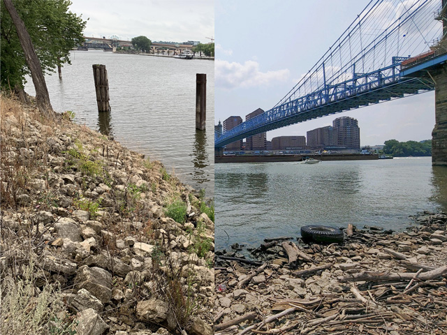 The Mississippi River in downtown St. Paul (left) and the Ohio River in downtown Cincinnati on Aug. 7 were both showing more shoreline than normal. (DTN photo on left by Mary Kennedy; photo on right by USA CPT Daniel Halvorson)