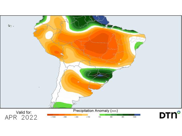 While showers have remained really good in southern Brazil in April and look to return by the end of the month, central Brazil has seen well-below-normal precipitation as the dry season is almost upon us. (DTN graphic)