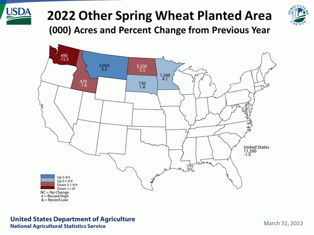 USDA March 2022 planting intentions for U.S. spring wheat estimates the area planted to other spring wheat for 2022 at 11.2 million acres, down 2% from 2021. (Map courtesy NASS)