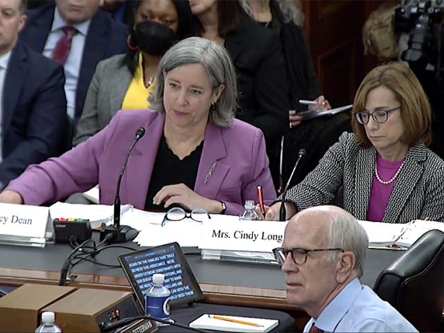 Stacy Dean, left, Agriculture deputy undersecretary for food, nutrition and consumer services, and Food and Nutrition Service Administrator Cindy Long testify at a Senate Agriculture Committee farm bill hearing on nutrition programs on Thursday. In foreground is Sen. Peter Welch, D-Vt. (Image from Senate Agriculture Committee video)