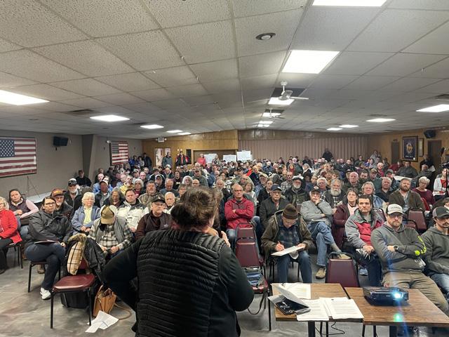 About 120 landowners met Jan. 23 in Lamberton, Minnesota, for a meeting on planned carbon pipelines. Peg Furshong, director at the nonprofit Clean Up the River Environment, led the discussion. (Photo courtesy of the Minneapolis Star Tribune) 