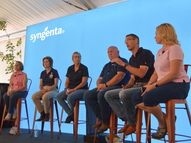 A group of Republican lawmakers during a farm bill panel at the Farm Progress Show. From left, Rep. Mariannette Miller-Meeks of Iowa, Rep. Vicky Hartzler of Missouri, moderator Sara Wyant, Rep. Glenn "GT" Thompson of Pennsylvania, Rep. Randy Feenstra and Rep. Ashley Hinson, both of Iowa. Not pictured, Rep. Rodney Davis of Illinois. (DTN photo by Chris Clayton)