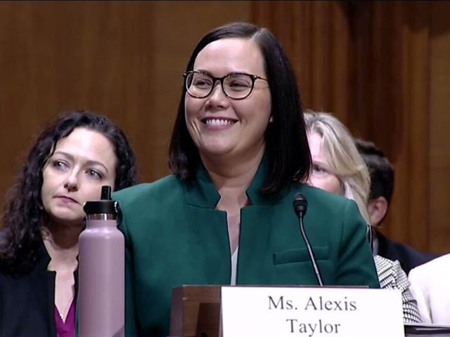 Alexis Taylor, now undersecretary for Trade and Foreign Affairs at USDA, during her nomination hearing before the Senate Agriculture Committee.  The Senate confirmed Taylor by a voice vote on Wednesday. Her counterpart in the U.S. Trade Representative's Office, Doug McKalip, was confirmed on Thursday afternoon by a voice vote as well. (image from Youtube) 