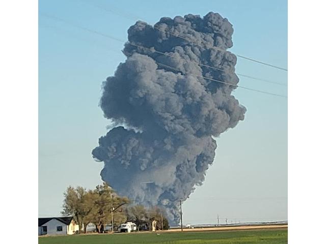 A plume of smoke was visible for miles after an explosion at a dairy in Dimmitt, Texas. (Photo from Castro County Sheriff&#039;s Office Facebook)