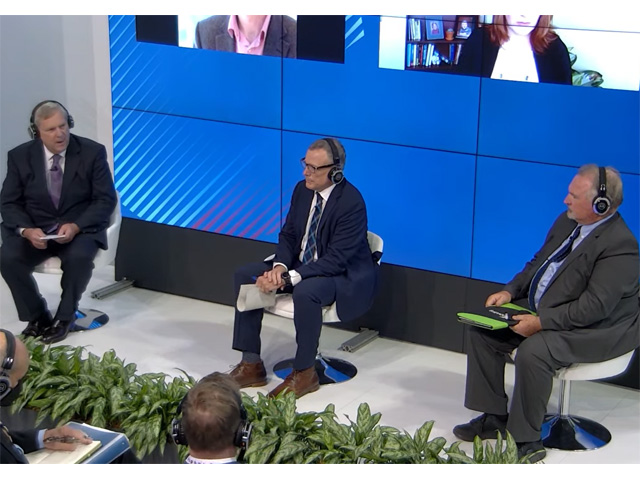 U.S. Agriculture Secretary Tom Vilsack, National Farmers Union President Rob Larew and Ohio farmer Fred Yoder, a board member for Solutions from the Land, speak in a panel discussion at the COP 26 in Glasgow, Scotland, on Friday. (Image from livestream)