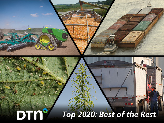 Autonomous farming, pesticide-resistant weeds and insects, corn lawsuit settlement payments, and lock and dam repairs were among the agriculture topics that made the news during 2020. (DTN photo illustration by Nick Scalise) 