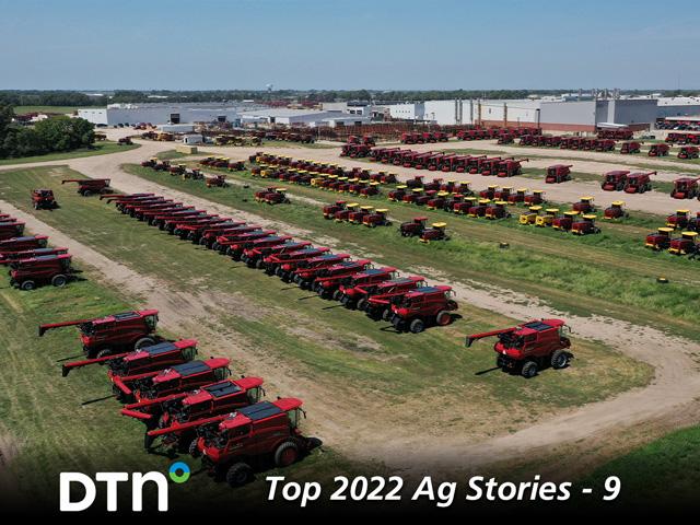 Equipment stacks up outside the CaseIH plant in Grand Island, Nebraska. 2022 proved to be another year in which new equipment was hard to get because of shortages in certain parts that led manufacturers to delay finishing production. (DTN photo by Joel Reichenberger)