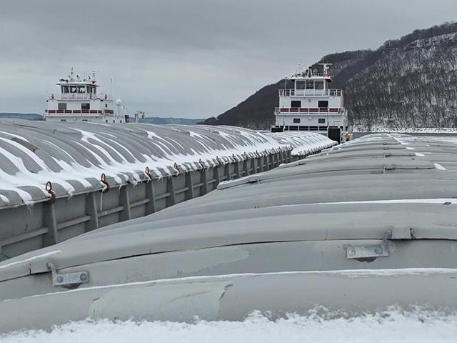 MV Philip M. Pfeffer and MV Neil N. Diehl enter Lake Pepin together to begin breaking the ice on their way to St. Paul, Minnesota, to open the 2023 Upper Mississippi River navigation season. (Photo by Philip M. Pfeffer Captain Mike Slaby)
