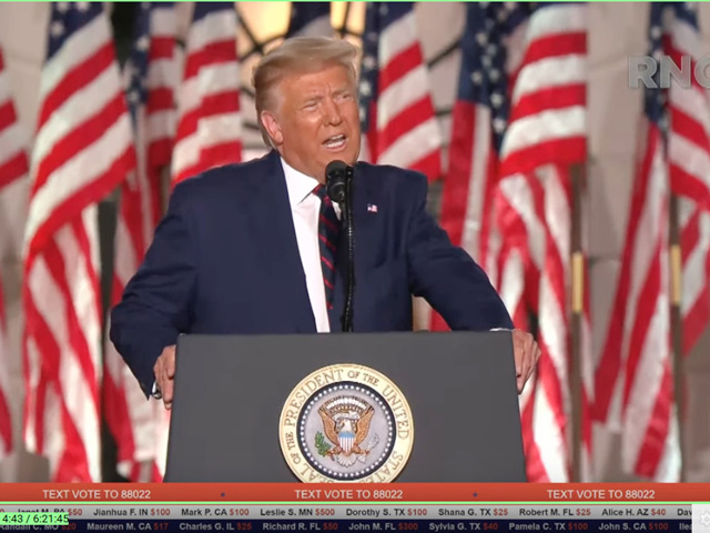 Speaking from a stage set up on the South Lawn of the White House, President Donald Trump formally accepts the Republican nomination Thursday night to run for reelection in the November election. (From Republican National Convention video)