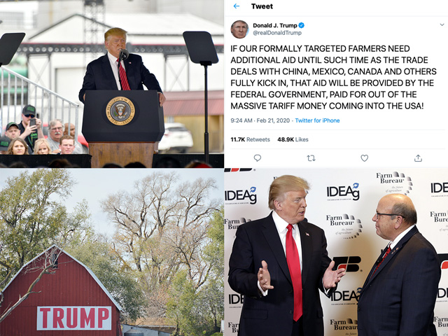 President Donald Trump will leave office with a lasting legacy in agriculture. Clockwise from top left: Trump came to Iowa to announce year-round 15% ethanol blends; he tweeted repeatedly during his presidency about farmers and trade issues; a farm near Ashland, Nebraska, was among those to show their support with Trump signs; and Trump spoke three consecutive years to the American Farm Bureau Federation meetings, where he talked with AFBF President Zippy Duvall. (DTN file images)
