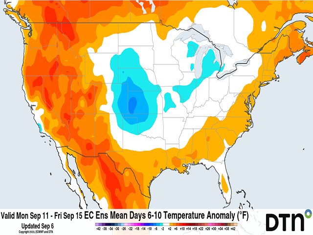 The temperature forecast for next week is calling for mild temperatures for most of the U.S. east of the Rockies. (DTN graphic)