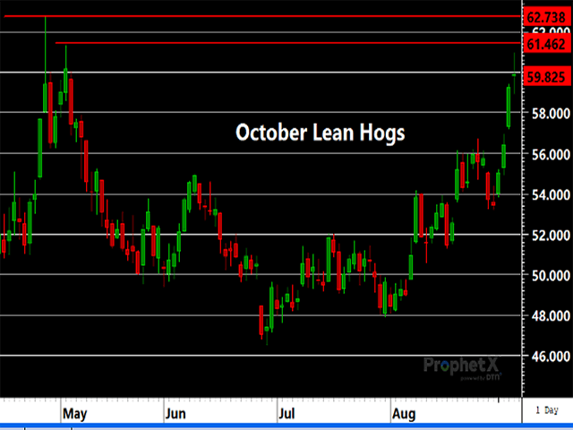 October lean hogs are nearing resistance from the April and May highs which should at least slow the recent ascent. (DTN ProphetX chart) 