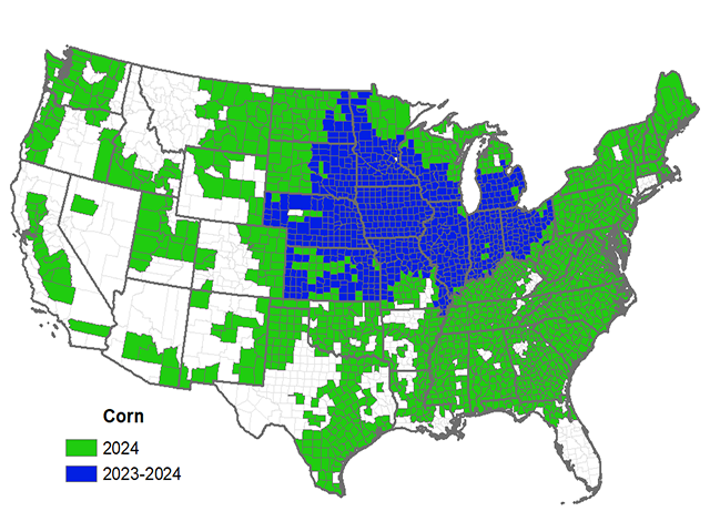 Areas shaded in green show where USDA&#039;s Risk Management Agency expanded margin protection insurance eligibility for 2024 corn. Blue areas already had access. (Map courtesy of www.marginprotection.com)