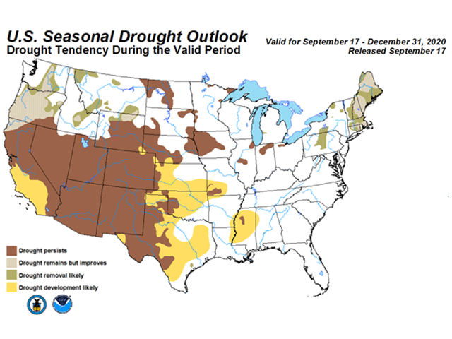 Seasonal drought outlooks call for drought to cover the entire Southern Plains by the end of 2020. (NOAA graphic)