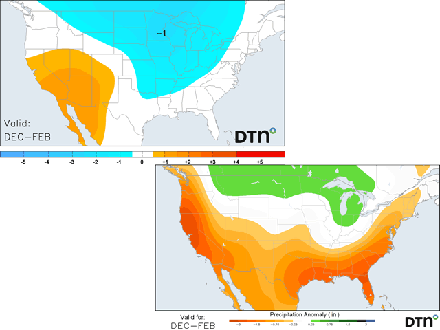 The forecast for the winter is calling for typical La Nina conditions, colder and somewhat wetter conditions across the North and drier and warmer across the south. (DTN graphic)