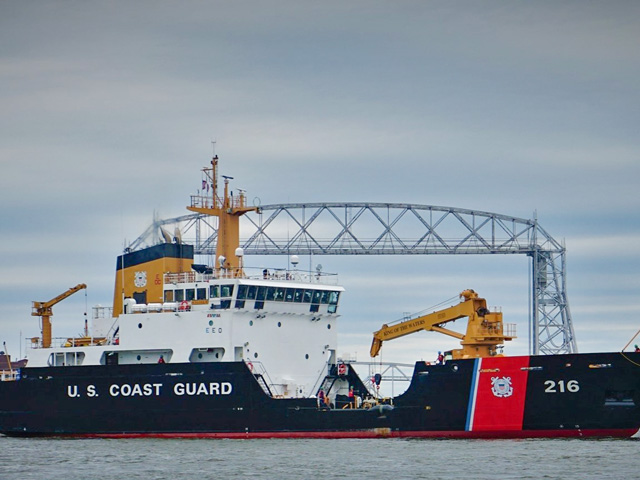 The first step in preparing for the 2021 shipping season in the Twin Ports started Wednesday, March 10, as the U.S. Coast Guard Cutter Alder broke up ice for the start of the spring ice-breaking season. (U.S. Coast Guard Facebook photo)