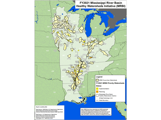 USDA released a map detailing 379 priority watersheds in the Mississippi River basin for funding and technical support to help improve surface water quality.  (Image from USDA's NRCS) 
