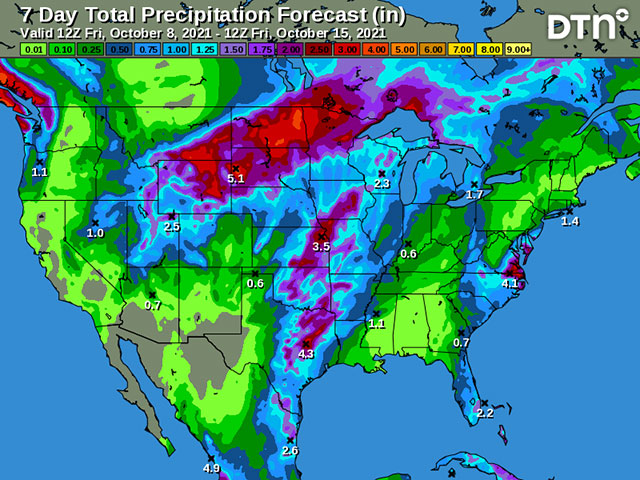Heavy rainfall will only be part of the impact that a storm system will have on the Plains and western Midwest in the middle of next week. (DTN graphic)