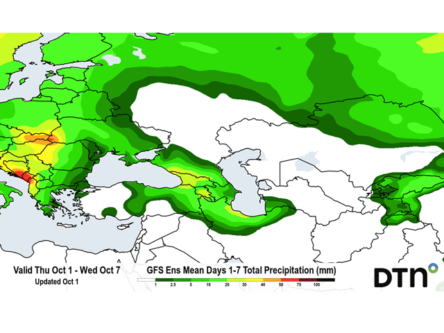 High pressure anchored over western Russia will continue dryness during the next week. Some showers may skirt the edges of the high-pressure center, but most of the area will be bone-dry through Oct. 7. (DTN graphic)