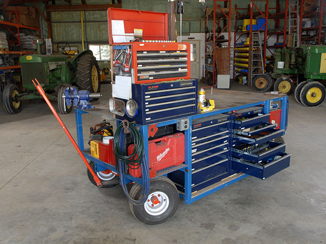 Here&#039;s a rolling workbench that has plenty of space to organize your hand tools, power your electric tools and light up the work around you. (DTN/Progressive Farmer photo by Rob Lagerstrom)