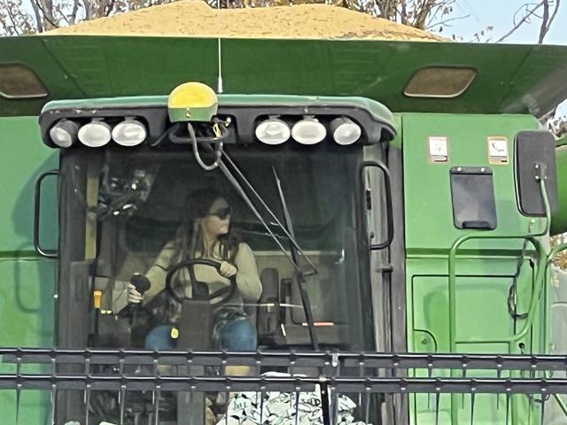 Weather conditions have been good for harvest in Ohio. Paige Garrabrant unloads one of the last loads of soybeans for the season. (DTN photo courtesy of Luke Garrabrant)