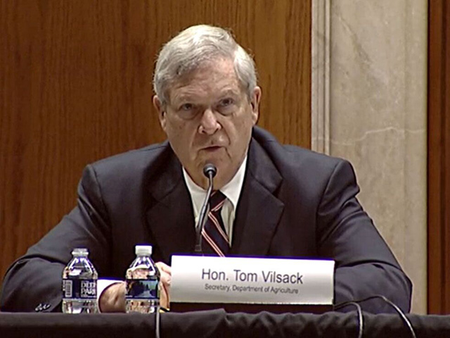 Agriculture Secretary Tom Vilsack testifies Tuesday in person before a Senate Appropriations Subcommittee for Agriculture. Senators had a lot of questions about the meat industry and cattle markets, but also talked about other topics such as carbon programs and USDA statistics. (Photo by DTN Correspondent Jerry Hagstrom) 