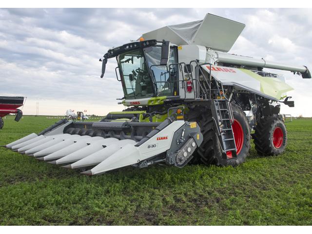 The new CLAAS Trion 740 combine isn&#039;t the biggest thing a farmer can buy, but the company hopes its mix of a slimmer size, off-the-shelf technology and a new cab can make it a great option for mid-sized operators. (DTN/Progressive Farmer photo by Joel Reichenberger)