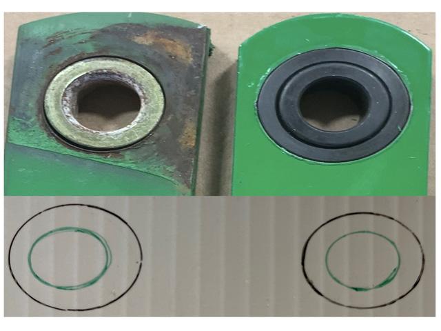 The parallel arm bushing on the left has worn unevenly, creating "slop" that can affect a row unit&#039;s planting depth. The new parallel arm with a double bushing on the right is true and will hold the row unit securely. (Photo courtesy of Brent Gerke)