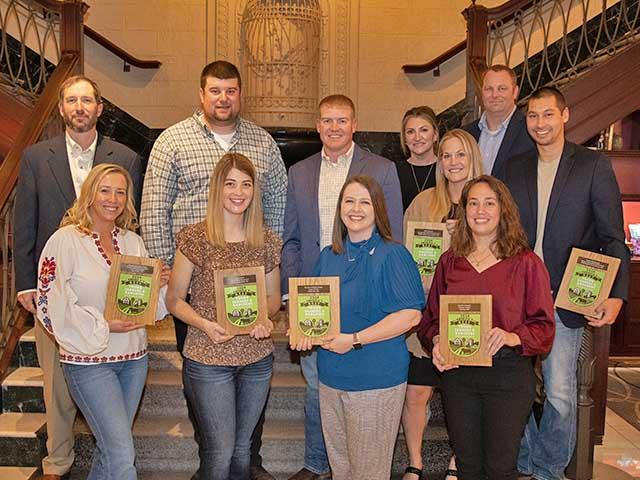 The 14th Class of America&#039;s Best Young Farmers and Ranchers gathering in Austin, Texas, this week to receive awards, attend family business workshops and receive a briefing at the John Deere Innovation Hub. Pictured are (back row, left to right): Tyler Knott, Brad Laack, Bryant Kagay, Abbie Bryant, Kasey Bamberger, Heath Bryant and Brad Bamberger; (front row, left to right): Megan Knott, Nicole Laack, Rachel Kagay and Rachel Arneson. (DTN photo by Nick Scalise)