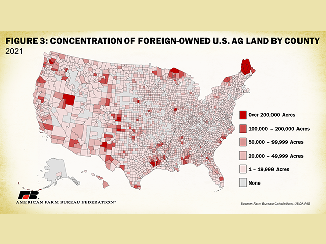 Out of the 3,142 counties and parishes in the U.S., 79% of them have at least one foreign investor in agricultural land, according to federal data. (Graphic courtesy American Farm Bureau Federation)