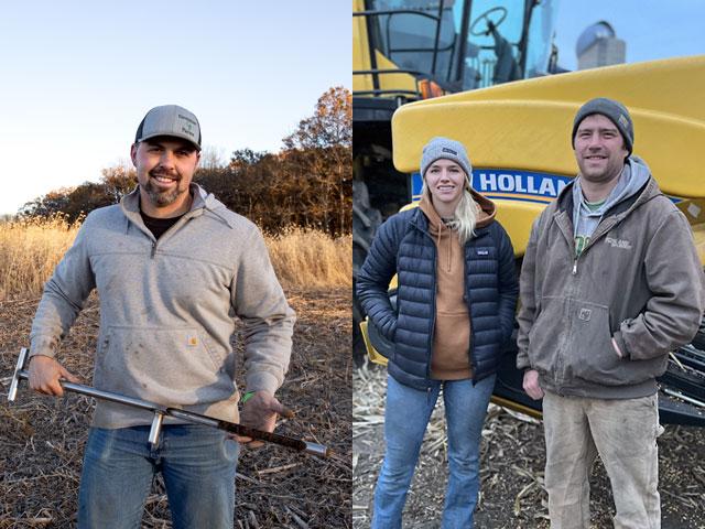 The 2023 View From the Cab farmers, Zachary Grossman (left) and Chandra and Mike Langseth (right) talk about the resiliency of the crop as harvest wraps up. (Photos by Jason Jenkins and courtesy of Chandra Langseth)