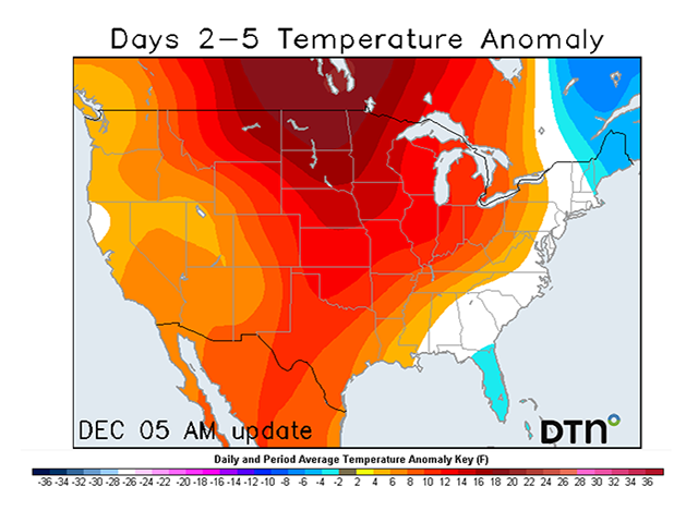 Above to well-above average temperatures are forecast to develop across much of the Central U.S. for the second half of this week. (DTN graphic)