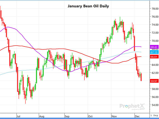 With little impact on corn prices from the December WASDE report, the trade was once again focused on the recent sharp bean oil correction. This shows the eighth-straight lower close in the past nine days for spot January bean oil as spot crude oil challenged $70 for the first time since late 2021. (DTN ProphetX chart by Dana Mantini)