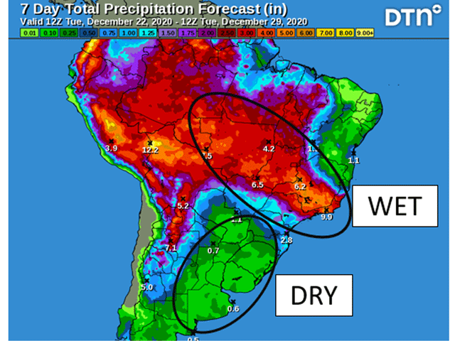 The sharp contrast between heavy rain in northern Brazil and no more than light rain in southern Brazil and Argentina during the end of December has the thumbprint of La Nina. (DTN graphic)