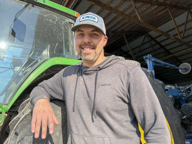 Zachary Grossman is pleased with how his corn crop has pollinated and the potential for soybeans on his Tina, Missouri, farm. But more rain is needed to fulfill the promise. (DTN photo by Pamela Smith)